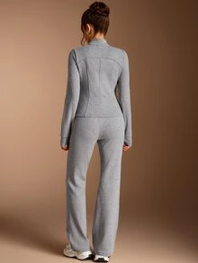 SHEIN BASICS Women's Minimalist Soft Casual Athleisure Zipper Long Sleeve Sweatshirt Drawstring Waist Flared Pants 2 Pieces Set Gym Travel Lounge Grey Winter - Dark Grey - View 7