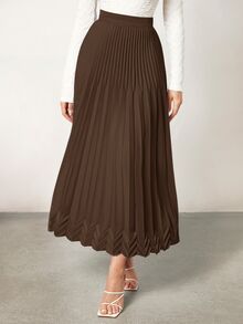 BizChic Women's Solid Color High Waist Satin Pleated Long Skirt, Workwear, Urban Commute, Minimalist Elegant Fashion Basic Style, Office Wear, Teacher Outfit, Business Casual, Old Money Style, Halloween, Back To School, Church, Special Occasion, Birthday, Wedding Guest, Party, Date, Vacation, French Vintage - Brown - View 4