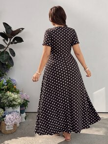 GalTyme 大尺碼女款 V 領波點休閒派對洋裝 - 棕色 - 查看 2