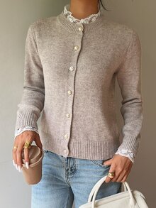 SHEIN Women's Basic Fashion Minimalist Lace Trim Elegant Pearl Button Cardigan - Khaki - View 4