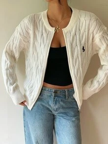 SHEIN Cardigan Wanita Minimalis Serbaguna Gaya Preppy Fashion Kasual untuk Perjalanan Sehari-hari, Bordir, Resleting, Cocok untuk Sekolah, Warna Putih, Musim Gugur - Krem - View 2