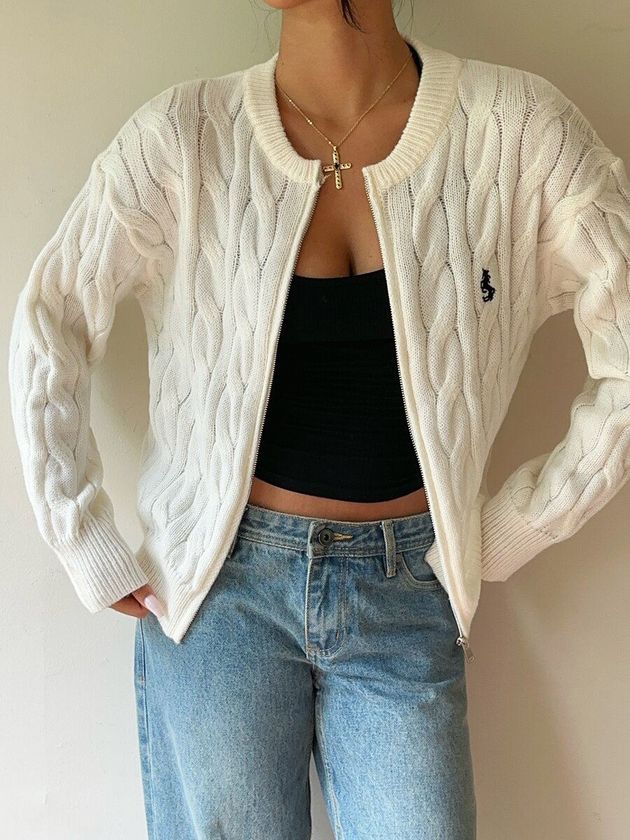 SHEIN Cardigan Wanita Minimalis Serbaguna Gaya Preppy Fashion Kasual untuk Perjalanan Sehari-hari, Bordir, Resleting, Cocok untuk Sekolah, Warna Putih, Musim Gugur