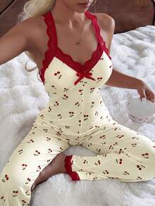 CottageSlumber Contrast Color Lace Trim Sweet Cherry Print Sexy Comfortable Home Sleepwear Jumpsuit - Multicolor - View 4