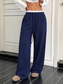 SHEIN EZwear Women's Casual Comfortable Navy Blue Solid Color With White Lace Patchwork Long Pants, Fall Clothes For Women, Winter Clothes For Women, Fall Winter 2026 - Royal Blue - View 6