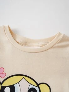 THE POWERPUFF GIRLS X SHEIN Baby Girl Cartoon Print Short Sleeve T-Shirt And Shorts Set - Apricot - View 3