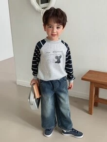 DAZY 男孩小號撞色條紋圓領套頭寬鬆版圖案設計運動衫，秋冬款 - 淺灰色 - 查看 8