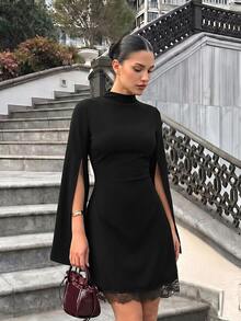 Firerie Women's Solid Color Stand Collar Split Sleeve Lace Hem Elegant Short Dress - Black - View 6