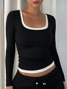 DAZY 女款夏季方領拼接撞色 2 合 1 性感休閒細肩帶背心上衣 - 黑與白 - 查看 1
