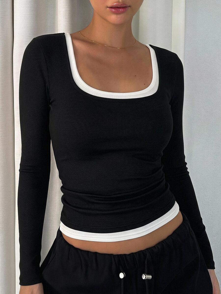 DAZY 女款夏季方領拼接撞色 2 合 1 性感休閒細肩帶背心上衣 - 黑與白 - 查看 1