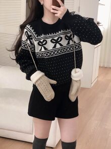 DAZY Women's Round Neck Bowknot Korean Style Long Sleeve Colorblock Autumn/Winter Sweater - Black - View 6