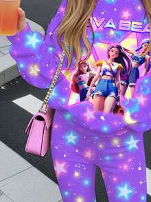 Tween女孩休閒可愛卡通女團印花 K-Pop 超級巨星亮星紮染圓領落肩衛衣與修身寬腿褲兩件套，適合秋冬 - 彩色 - 查看 6