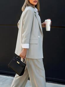 SHEIN New Minimalist Elegant Daily Commute Notch Lapel Double-Breasted Women's Casual Blazer Jacket - Grey - View 5