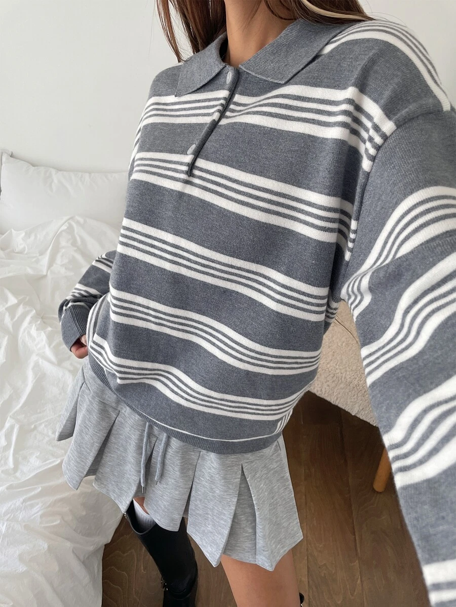 K-Vae Women's Casual Colorblock Striped Sweater, Autumn/Winter - Grey - View 1