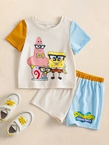 SpongeBob SquarePants | SHEIN Baby Boy Colorblock Round Neck Short Sleeve T-Shirt And Shorts Casual Set - Multicolor - View 1