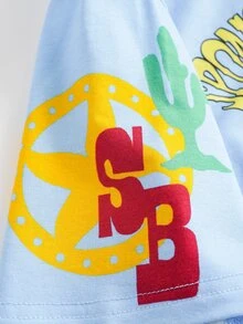 SpongeBob SquarePants | SHEIN 青少年男孩卡通印花圓領上衣與短褲居家休閒套裝 - 藍色 - 查看 4