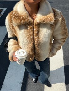 Muchica 女款人造毛鹿紋印花大衣，適合冬季滑雪、街頭休閒穿搭 Y2K、日常通勤、聖誕節、新年，米色 - 彩色 - 查看 1