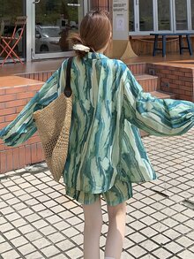 DAZY Cute Lapel Shirt Loose Long Sleeve & Straight Leg Shorts 2 Pieces Set Lounge Sets For Women - Green - View 2