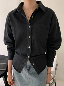 DAZY 淺洗藍色領口口袋寬鬆長袖牛仔襯衫，適穿春夏秋 - 黑色 - 查看 2