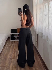 SHEIN Tall 女款休閒百搭日常穿著牛仔褲，附口袋與鈕扣設計 - 黑色 - 查看 2