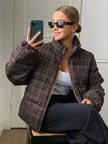 DAZY Women's Street Fashion Plaid Pocket Zipper Padded Coat - Burgundy - View 5