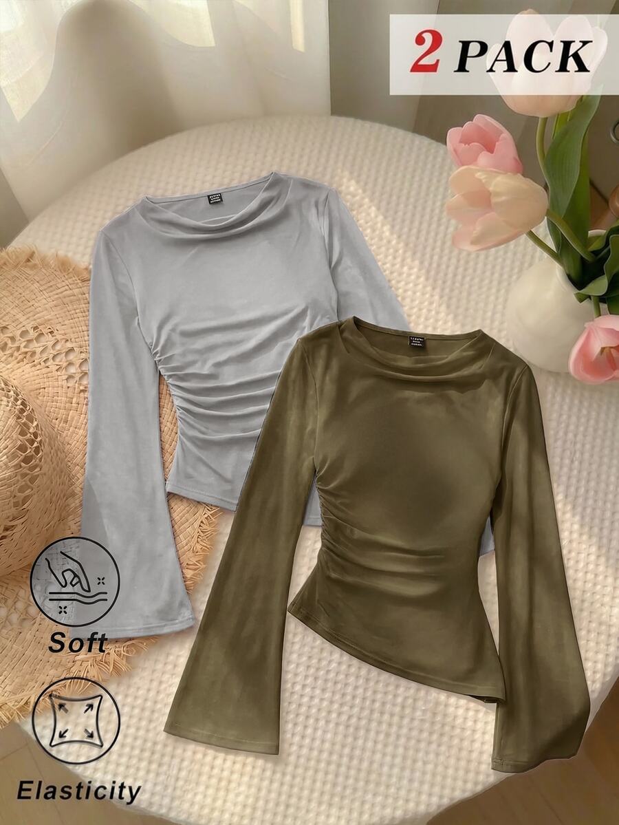 SHEIN MOD 女款 2 件組 酒紅與杏色圓領抓皺腰部喇叭袖不對稱下擺百搭長袖 T 恤內搭層 - 軍綠色 - 查看 1