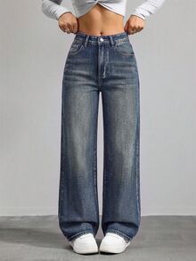 SHEIN PETITE 女款休閒水洗直筒牛仔褲 - 深色水洗藍 - 查看 1