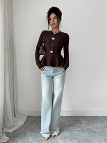 Modelyn Women's Solid Color Metal Decor Casual Versatile Daily Wear Long Sleeve Sweater - Coffee Brown - View 4