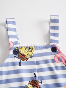 SpongeBob SquarePants | SHEIN Baby Boy Round Neck Short Sleeve T-Shirt And Striped Suspender Romper Casual Set - Blue - View 6