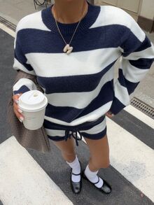 Muchica Minimalist Fashionable Sporty Color Block Striped Knit Sweater Set - Blue and White - View 5