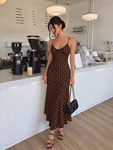 Firerie 女款夏季優雅波點印花細肩帶洋裝 - 棕色 - 查看 10