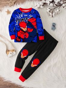 Young Boy Casual Minimalist Slim Fit Comfortable Crew Neck Short Sleeve Long Pants Loungewear, Suitable For Spring/Summer, Classic Handsome Spider Web Spider Hero Character Graphic Print, Suitable For Autumn/Winter - Multicolor - View 2