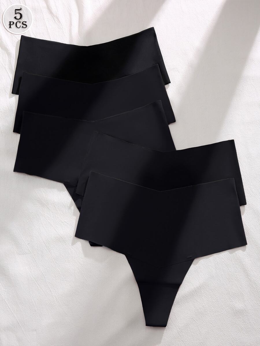 SHEIN 5pcs/Set Comfortable Underwear (High Waist Seamless Thong) - Black - View 1