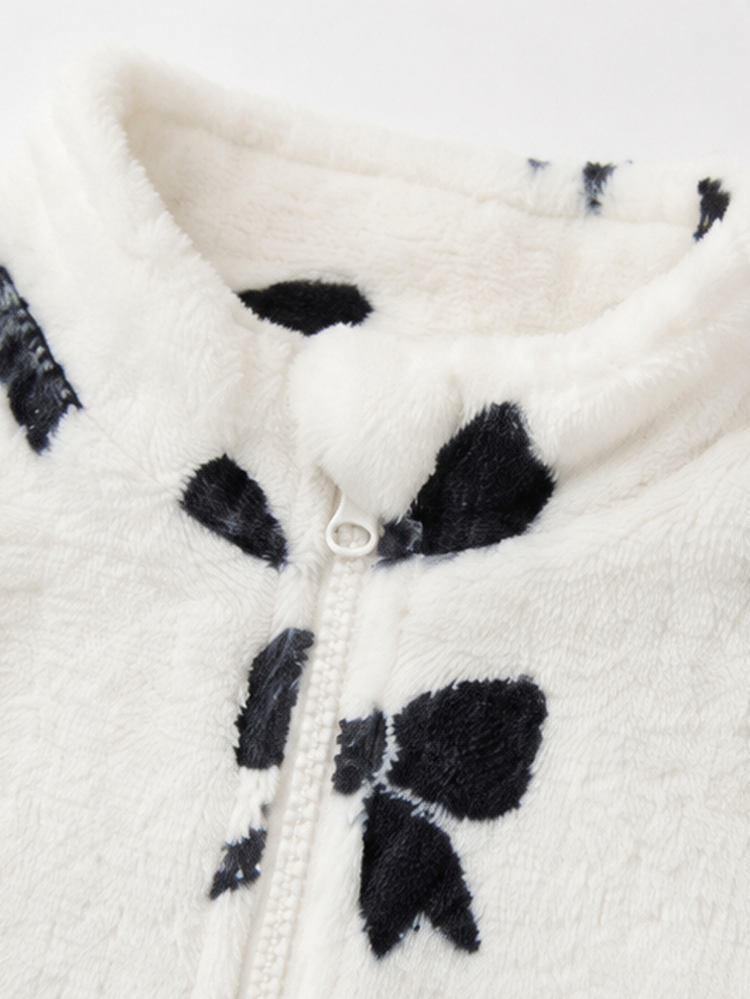 SHEIN Baby Girl Autumn/Winter Sweatshirt Set, Black Bow Print Plush Half-Zip Long Sleeve Top With Solid Color Casual Black Pants, Simple Classic Black & White Color Scheme, Gentle Versatile Stylish Cute, Suitable For Baby Autumn/Winter Daily Casual Comfortable Wear And Outdoor Play, Newborn Girl Autumn Set - White - View 4