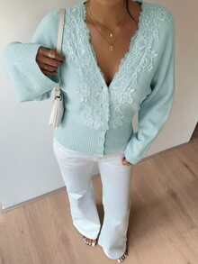 Siren Gaze 女款新款秋季蕾絲拼接V領收腰毛絨針織開襟衫，青綠色、鴨綠色、淺藍色，適合早午餐茶會，浪漫優雅 - 薄荷藍 - 查看 5