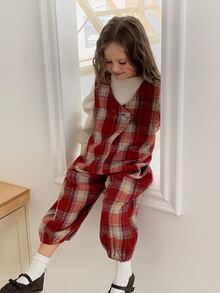 Dazy Kids Young Girls' Plaid Sleeveless Loose Red Autumn/Winter Brushed Fleece Jumpsuit - Brown - View 5