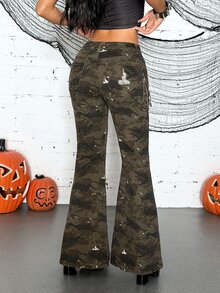 Jeanoix Women's Denim Camouflage Cargo Ultra Low Waist Flare Pants - Multicolor - View 3