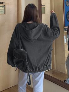 DAZY Women's Hooded Washed Korean Style Loose Girly Streetwear Jacket And Coat Fall - Grey - View 2