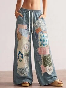 Bohemela Plus Size Women's High Waist Baggy Wide Leg Lace Patchwork Denim Jeans With Drawstring Waist - Medium Wash - View 3