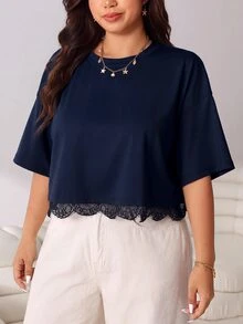 Solflare Plus Size Women's Solid Color Casual Versatile Daily Wear T-Shirt - Navy Blue - View 4