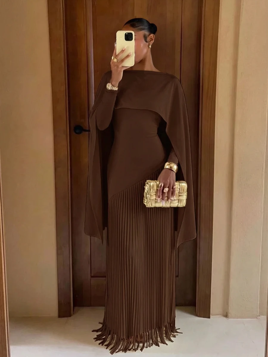 Lumalex Women's Elegant Shawl Collar Tassel Hem Dress For Evening Party - Brown - View 1