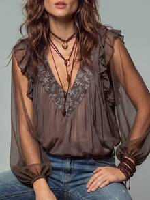 LUMIGAL Women's French Vintage 70s Vacation Style Floral Print Long Sleeve Top With Ruffle Trim, Light Brown, Suitable For Summer & Early Fall Getaways - Brown - View 5