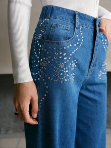 MOTF PREMIUM CELANA JEANS DENIM WANITA BERHIAS BATU PERMATA MODEL LURUS - Light Wash - View 2