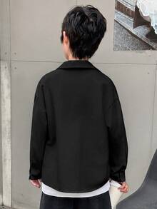Tween Boy Kids Casual Comfortable Black Long Sleeve Shirt,Collared Open Front Loose Basic Winter Top,Y2K Set,Summer Back-To-School,School,Formal - Black - View 4
