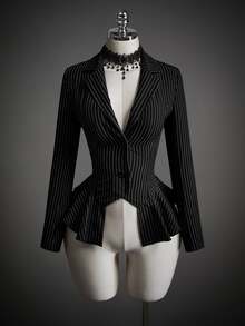 SHEIN ICON Y2k Women's Going Out Halloween Cosplay Gothic Mistress Black Ruffle  Fashion Commuter Striped Waist-Cinching Ruffle Hem Blazer For Costume Play - Black - View 3