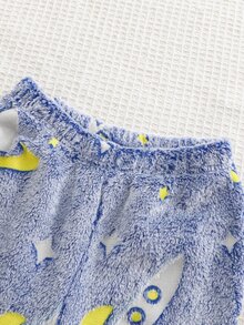 SHEIN 男嬰發光卡通外星人與火箭印花圓領長袖上衣與法蘭絨柔軟睡衣套裝，適合秋冬穿著 - 藍色 - 查看 4