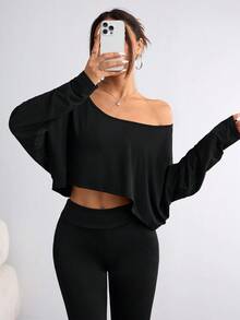 Elenzga 大尺碼女款不對稱領長袖短版休閒T恤，純色，秋季 - 黑色 - 查看 6