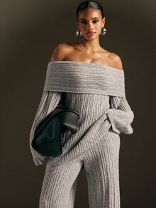 Hauture Women's Autumn/Winter Gray Slouchy Loose Ribbed Turn-Down Collar Neck Street Style Relaxed Sweater 2 Pieces Set - Grey - View 3