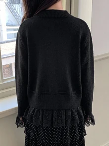 Dazy Kids Tween Girl Autumn/Winter Casual Lace Patchwork Cardigan - Black - View 2