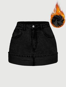 SHEIN MOD 大尺碼女款休閒百搭牛仔迷你裙，附口袋 - 黑色 - 查看 1