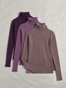 SHEIN LUNE 女款素色高領長袖休閒套頭毛衣 - 紫色 - 查看 4